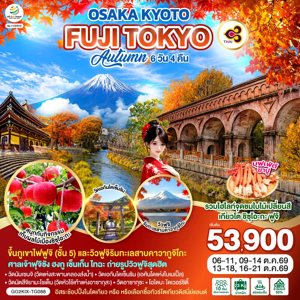 ทัวร์ญี่ปุ่น OSAKA KYOTO FUJI TOKYO AUTUMN FRUIT PARK 6วัน 4คืน (TG)